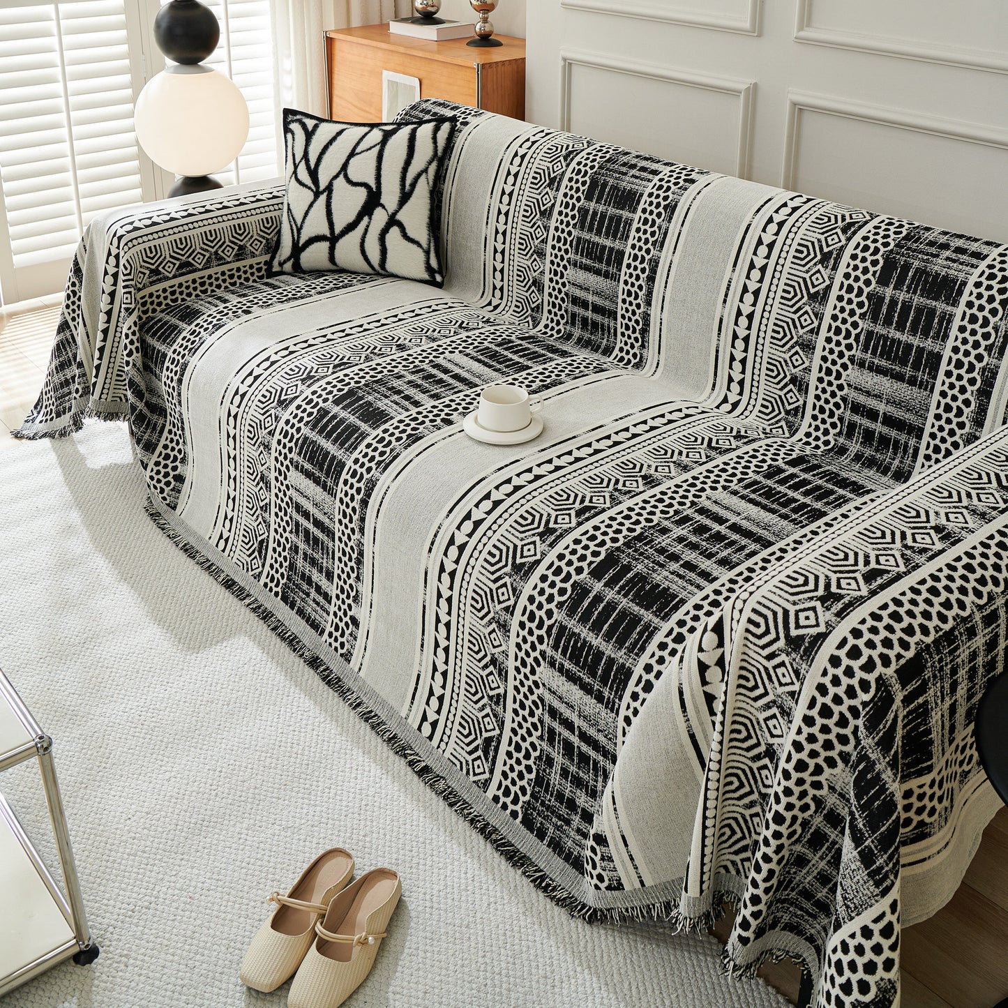 Chenille Sofa Cover Throw Blanket, Boho Geometric Scratch Proof Couch Protector