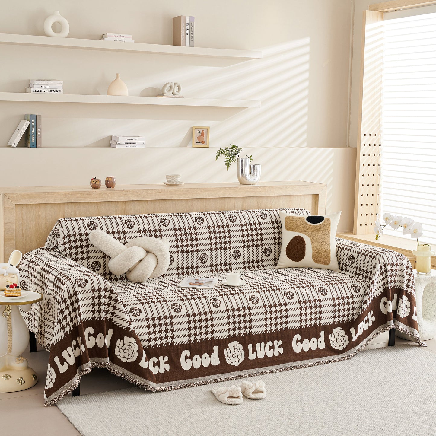 Chenille Houndstooth Sofa Throw Cover, Scratch Proof Cozy Throw Blankets for Couch