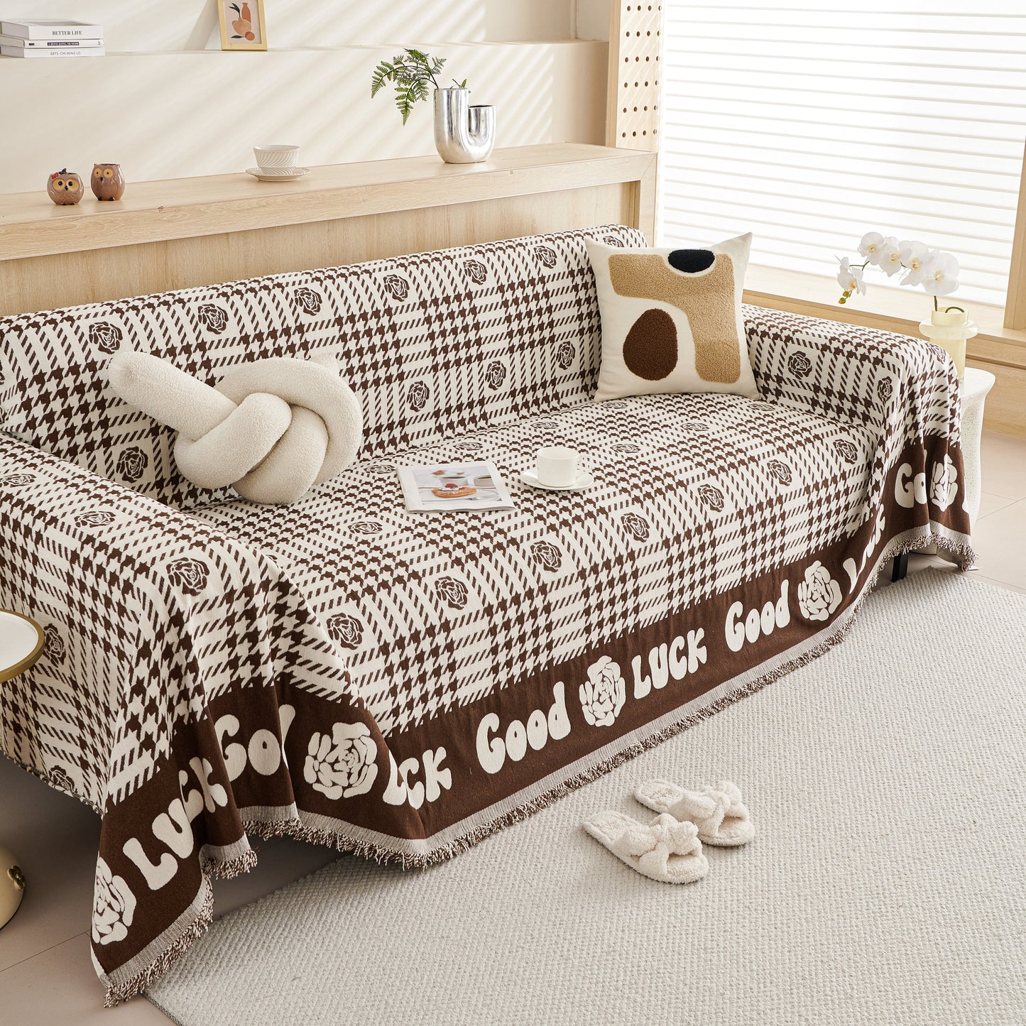 Chenille Houndstooth Sofa Throw Cover, Scratch Proof Cozy Throw Blankets for Couch