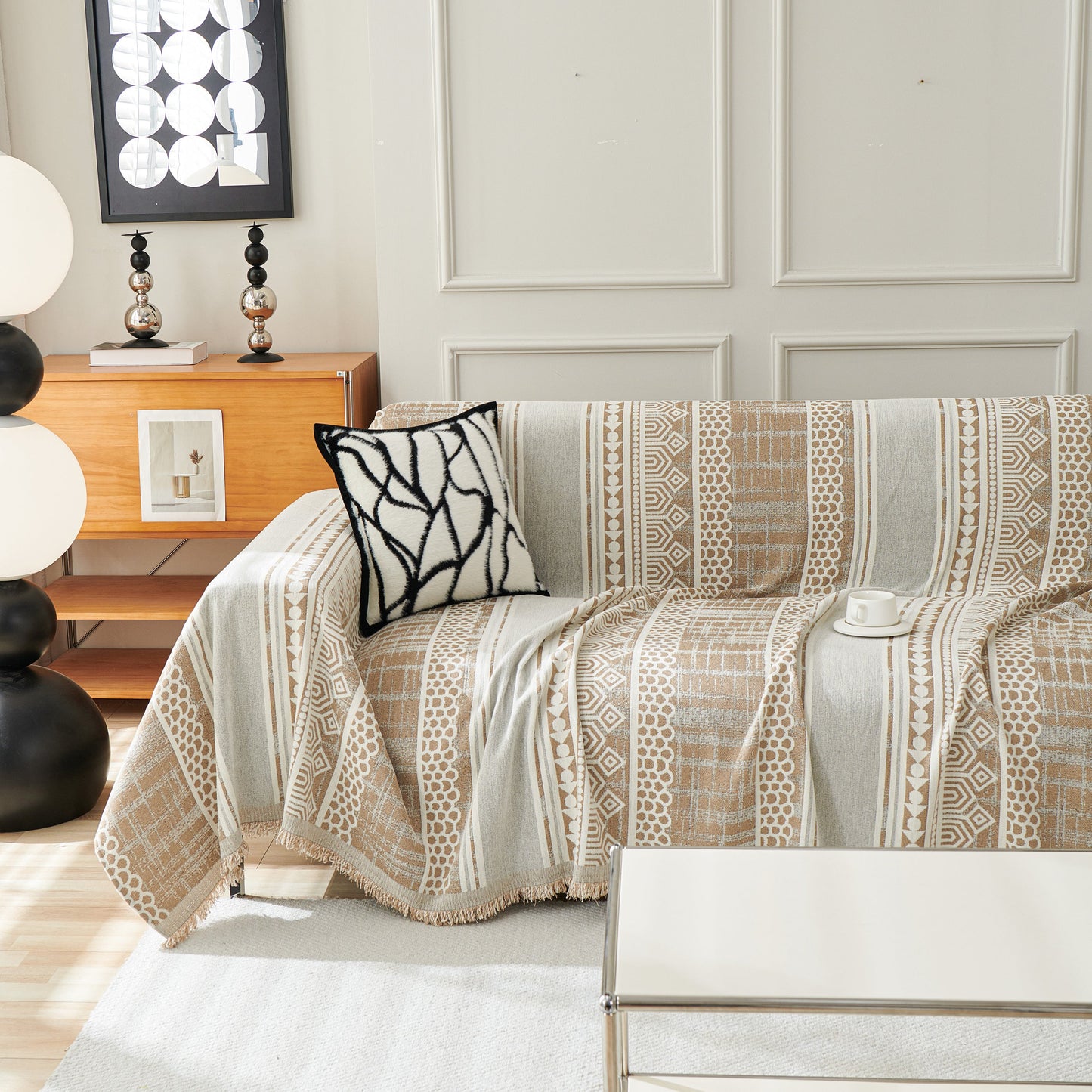 Chenille Sofa Cover Throw Blanket, Boho Geometric Scratch Proof Couch Protector