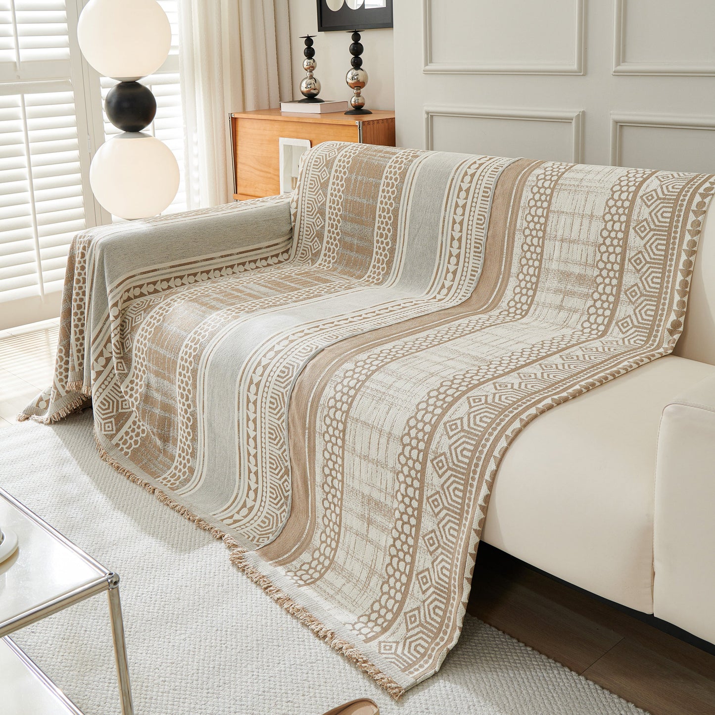 Chenille Sofa Cover Throw Blanket, Boho Geometric Scratch Proof Couch Protector