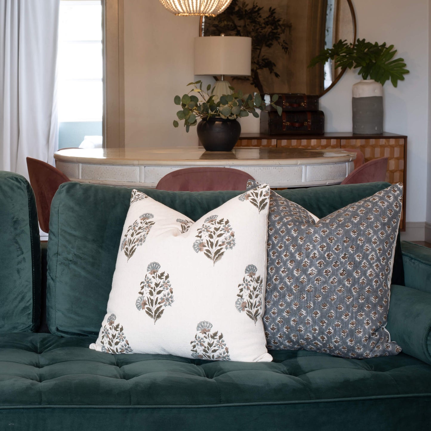 Briar Floral Block Printed Pillow Cover | Blue, Brown, Green