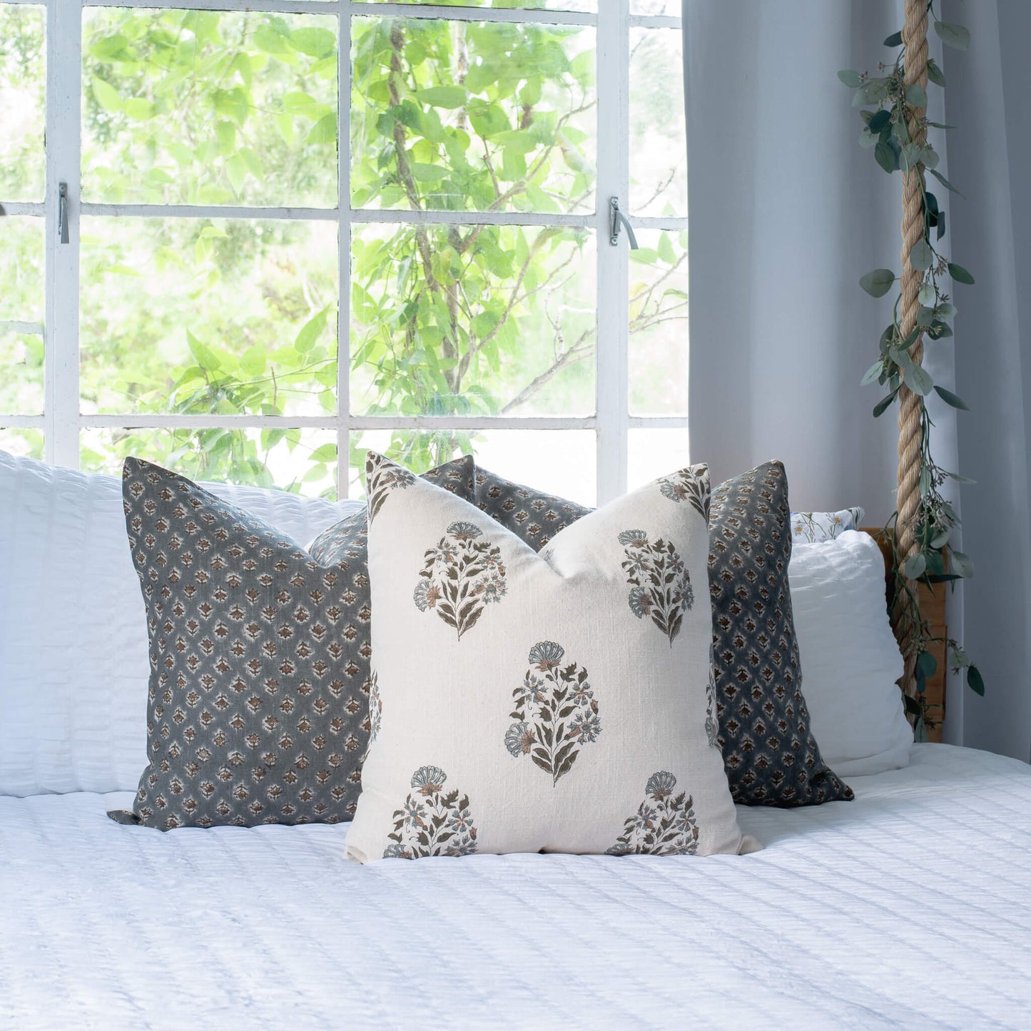 Briar Floral Block Printed Pillow Cover | Blue, Brown, Green
