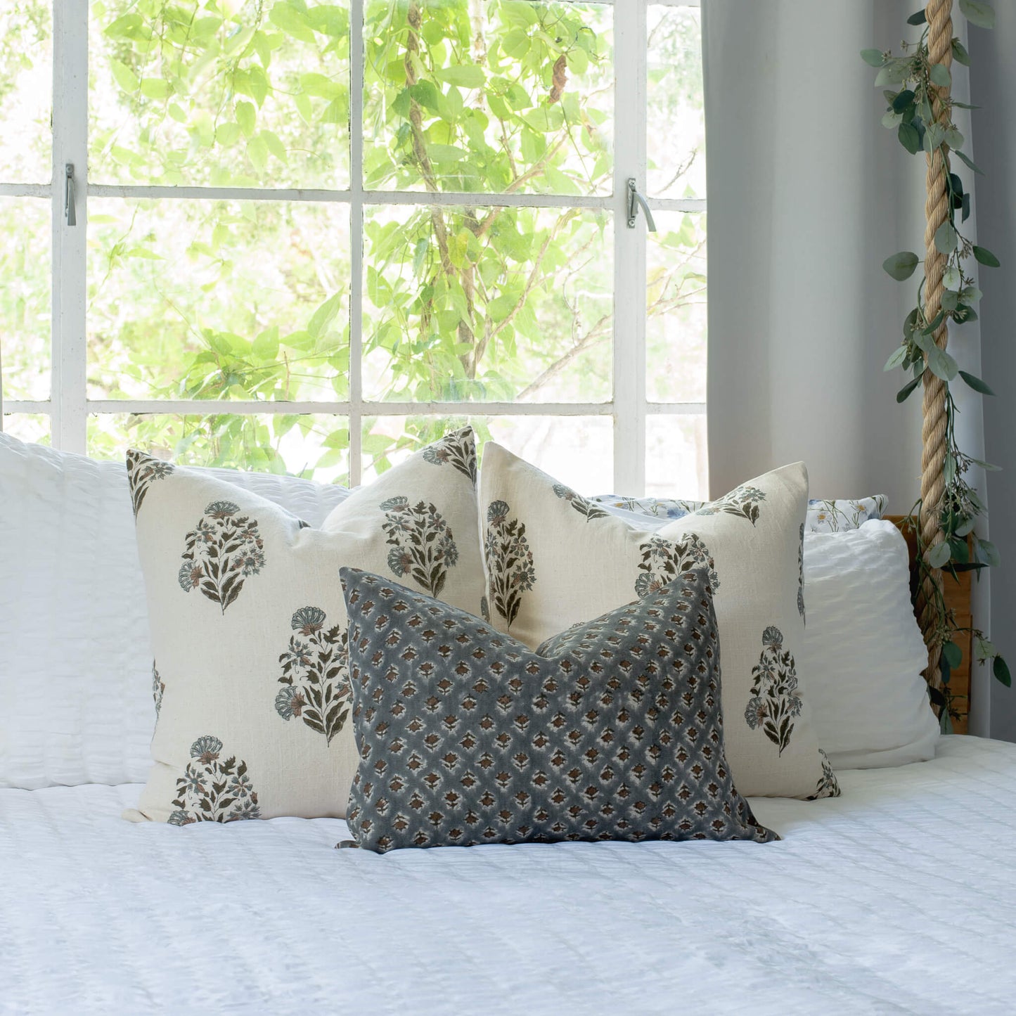 Aster Floral Block Printed Pillow Cover | Blue, Brown | Lumbar