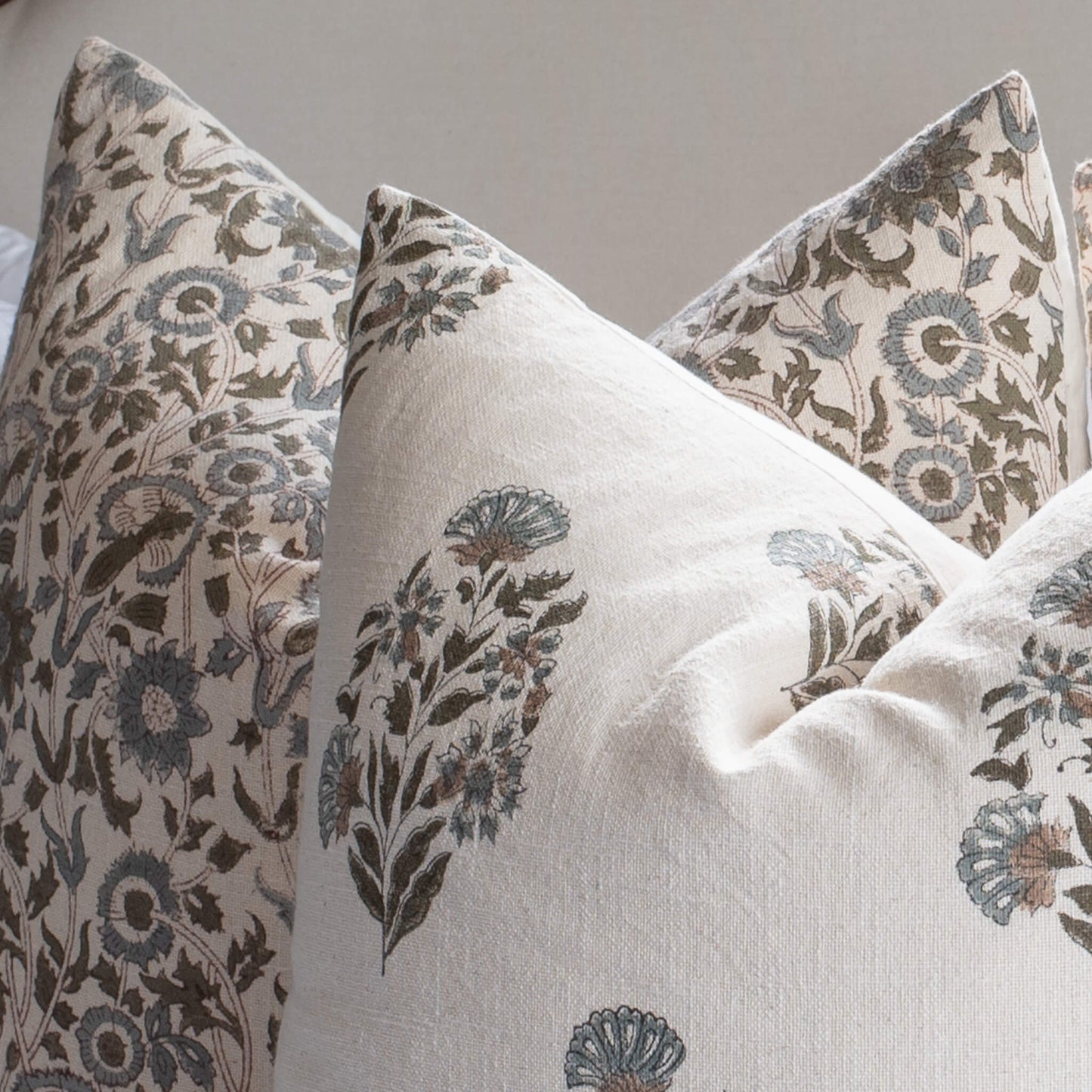 Briar Floral Block Printed Pillow Cover | Blue, Brown, Green