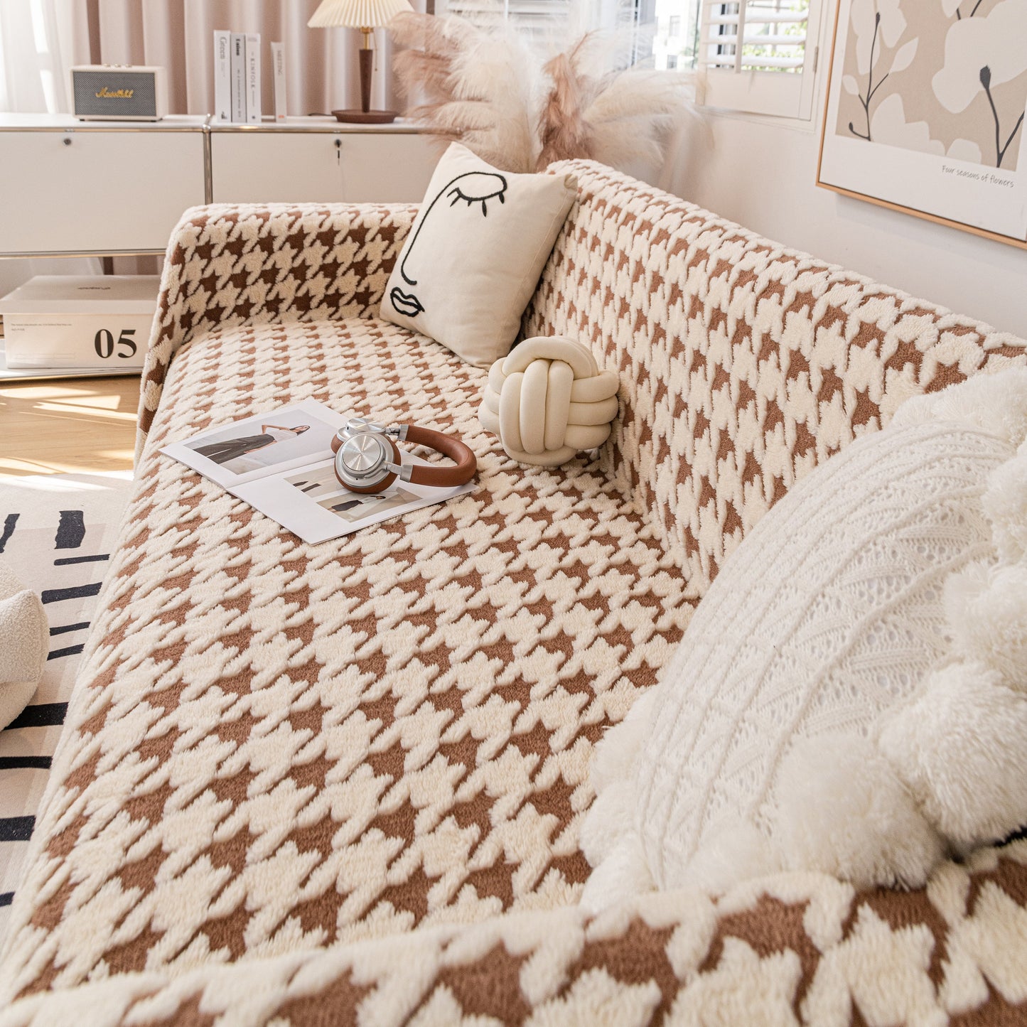 Jacquard Plush Houndstooth Sofa Throw Cover, Cover Throws for Sofas, Stylish Living Room Throws