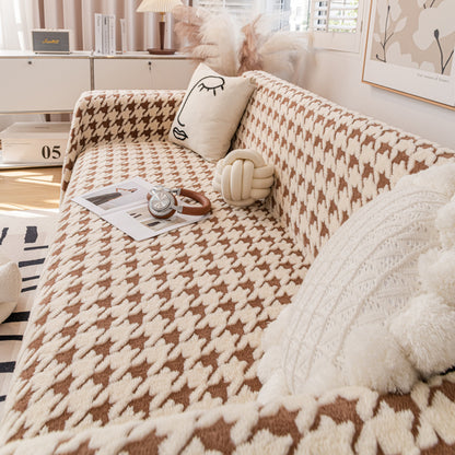 Jacquard Plush Houndstooth Sofa Throw Cover, Cover Throws for Sofas, Stylish Living Room Throws