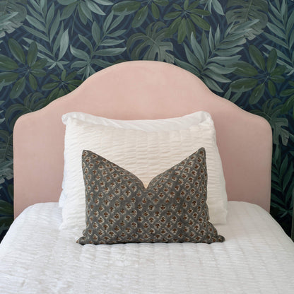 Aster Floral Block Printed Pillow Cover | Blue, Brown | Lumbar