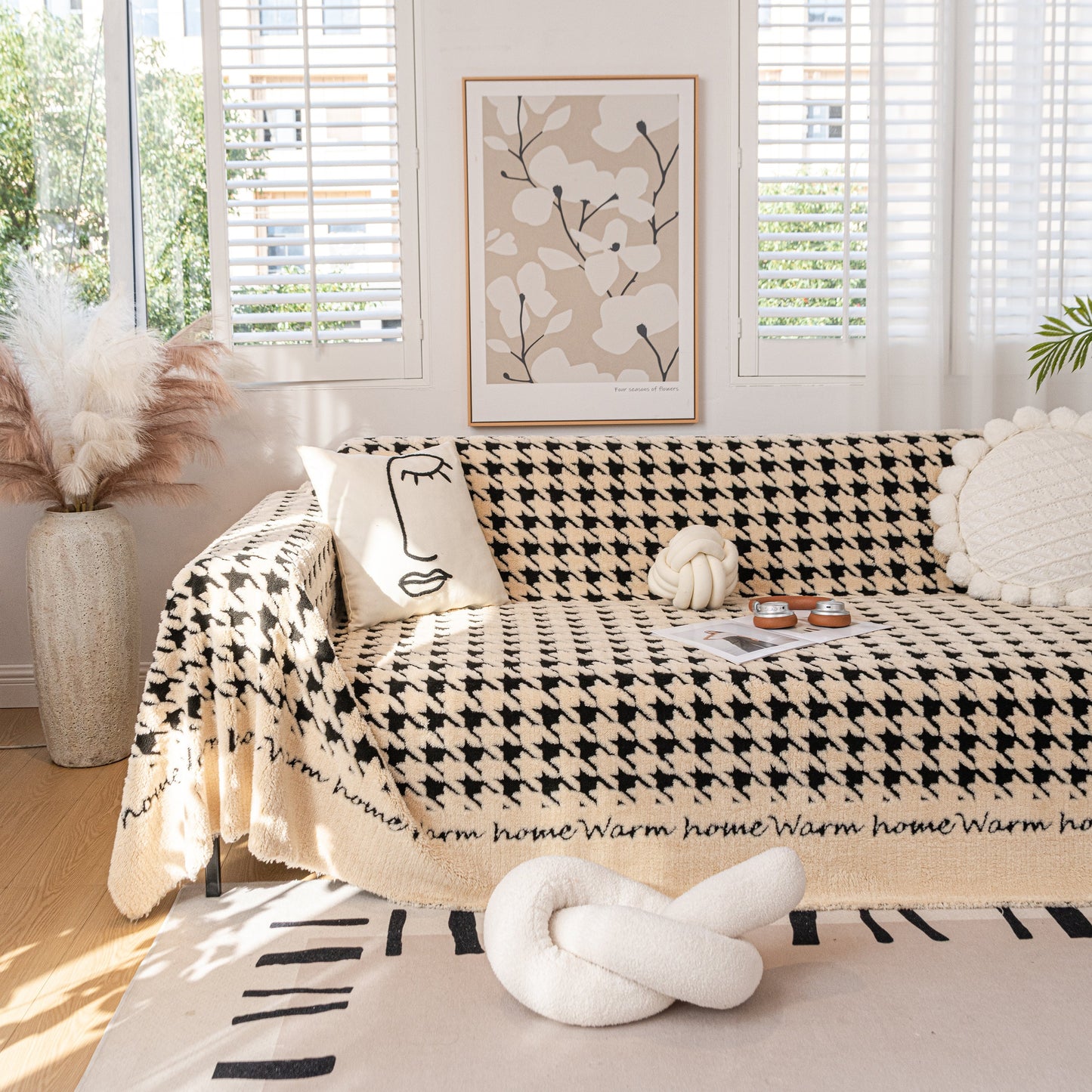 Jacquard Plush Houndstooth Sofa Throw Cover, Cover Throws for Sofas, Stylish Living Room Throws