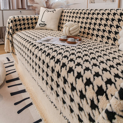 Jacquard Plush Houndstooth Sofa Throw Cover, Cover Throws for Sofas, Stylish Living Room Throws