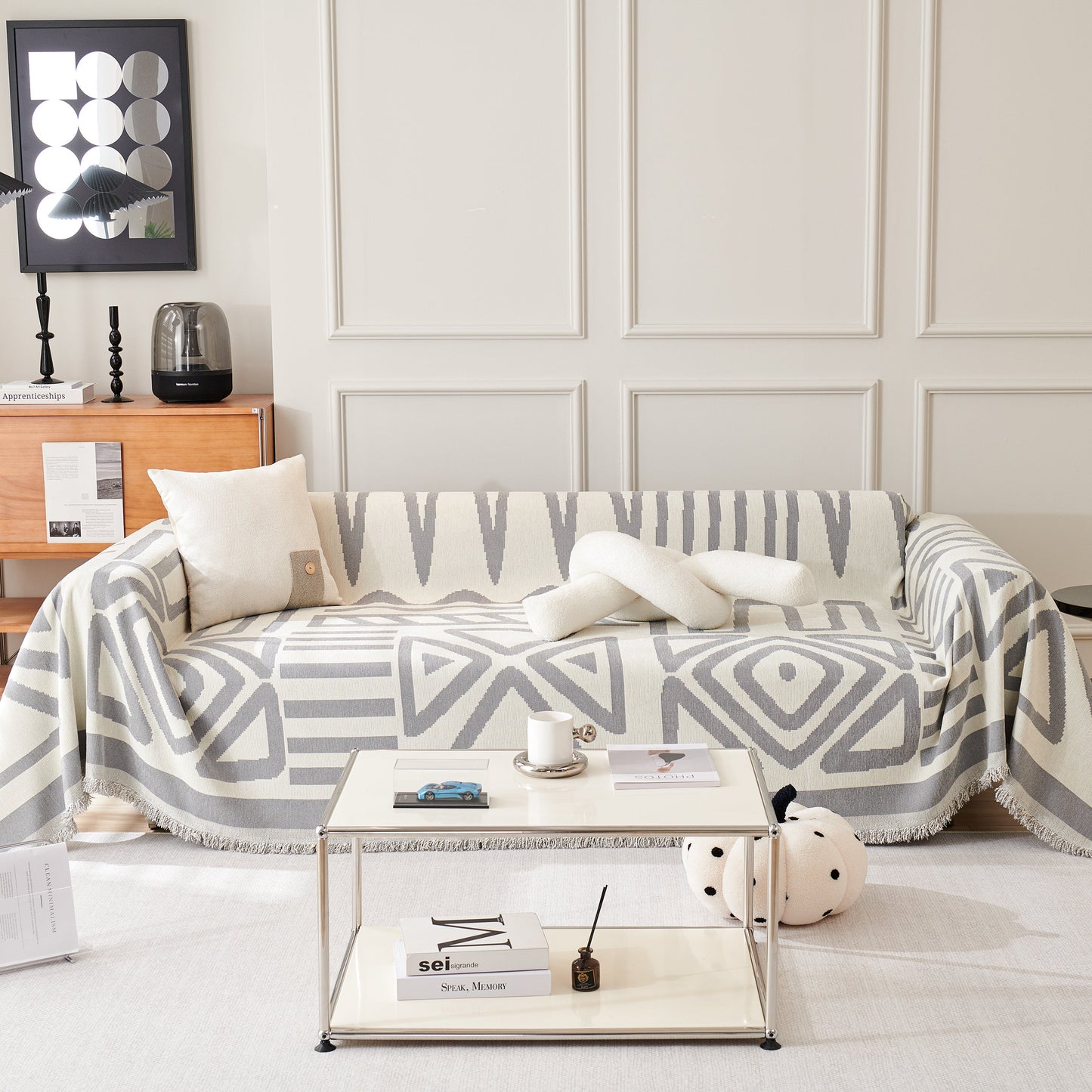 Chenille Geometric Sofa Throw Blanket, Boho Washable Furniture Throw Covers for Sofa