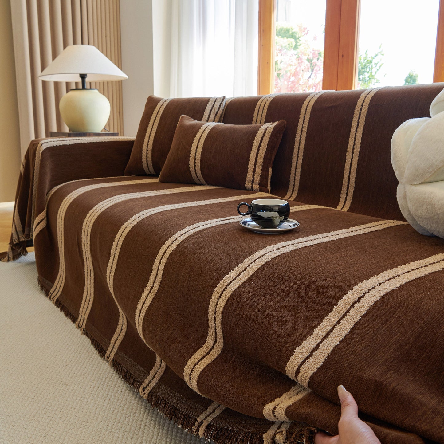 Textural Striped Chenille Sofa Covers, Boho Washable Decor Sofa Blankets Covers