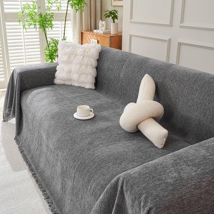Solid Color Chenille Sofa Throw Blanket, Cozy & Easy Care Fringed Furniture Protector