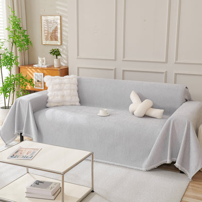 Solid Color Chenille Sofa Throw Blanket, Cozy & Easy Care Fringed Furniture Protector