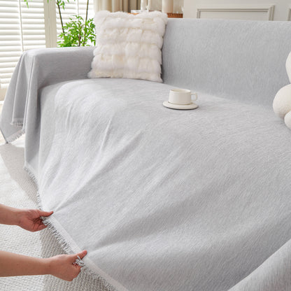 Solid Color Chenille Sofa Throw Blanket, Cozy & Easy Care Fringed Furniture Protector