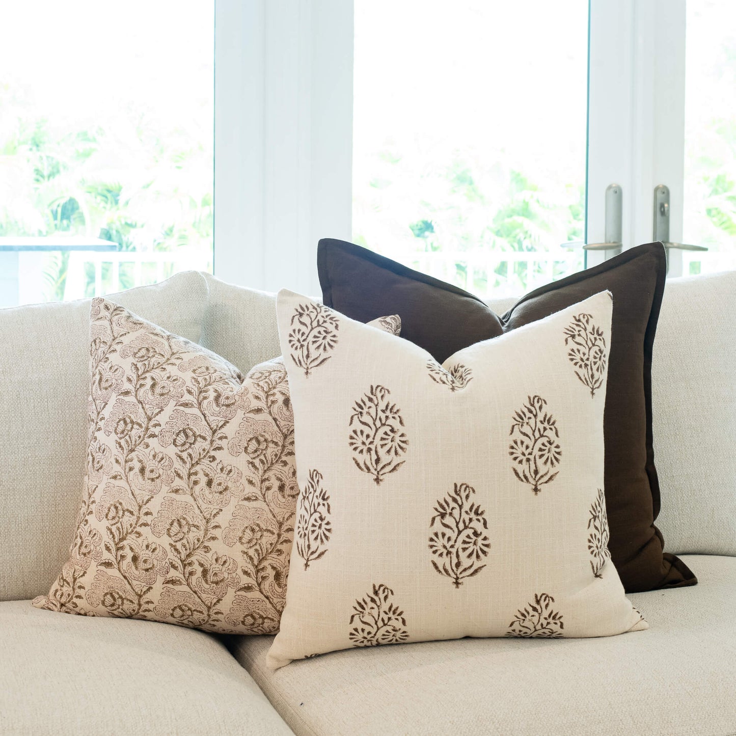 Magnolia Floral Block Printed Pillow Cover | Burgundy, Mustard