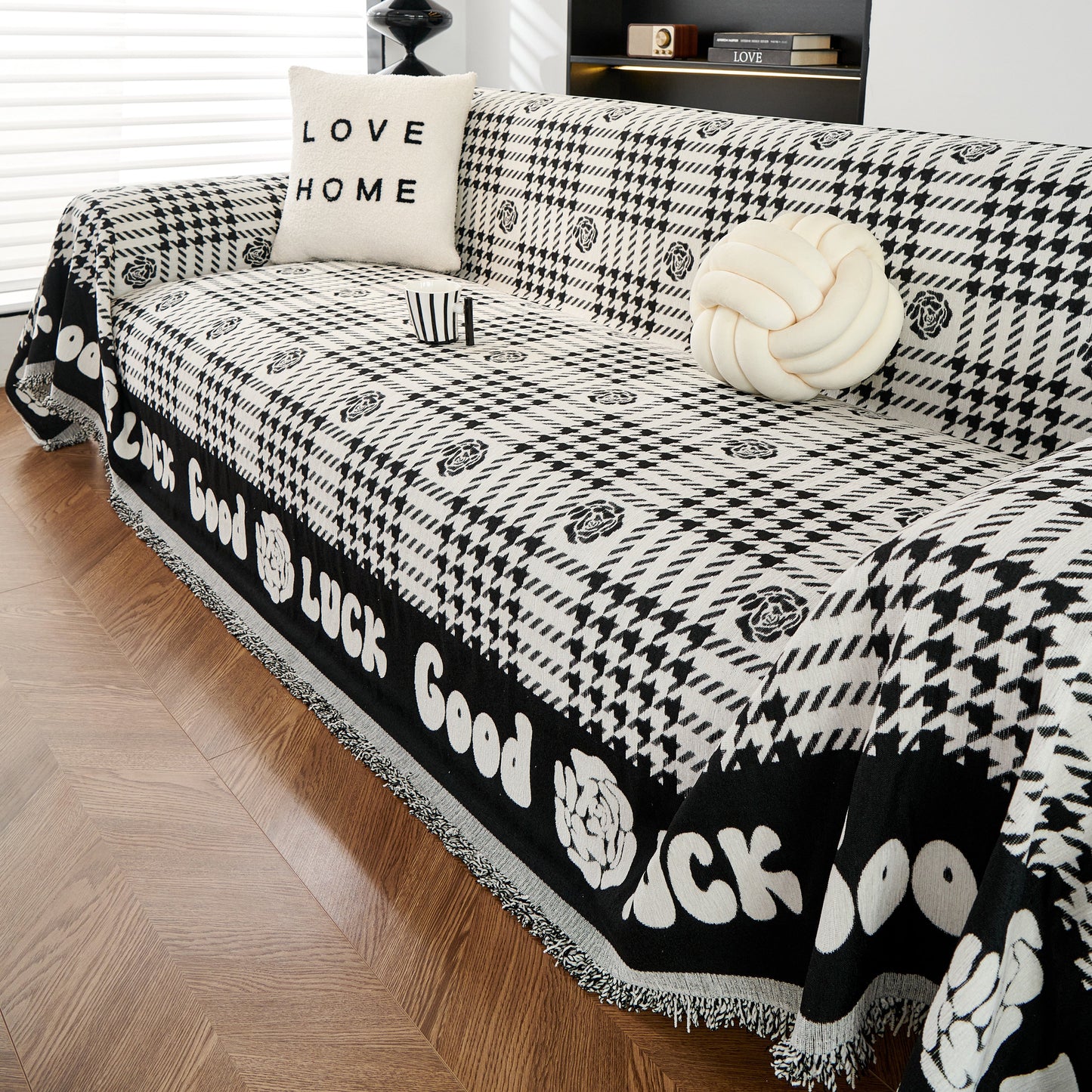 Chenille Houndstooth Sofa Throw Cover, Scratch Proof Cozy Throw Blankets for Couch