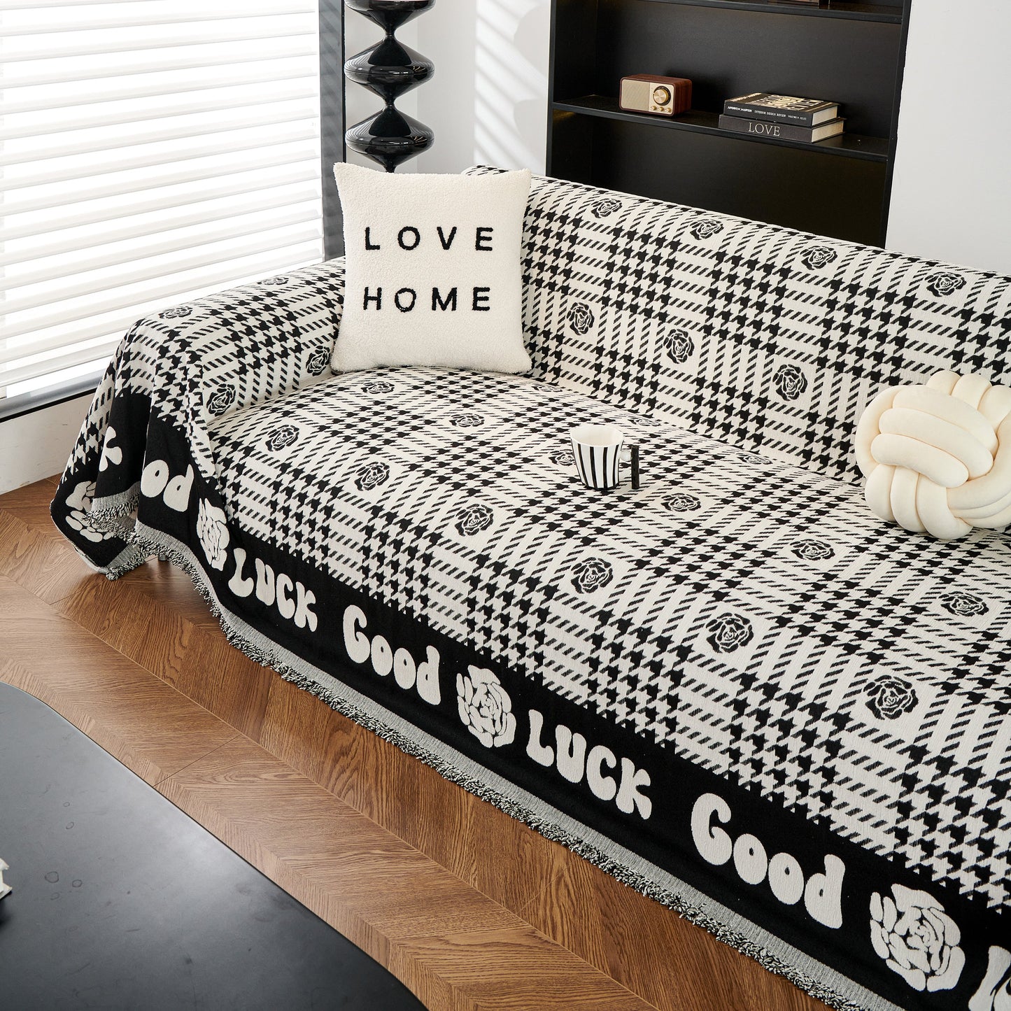 Chenille Houndstooth Sofa Throw Cover, Scratch Proof Cozy Throw Blankets for Couch