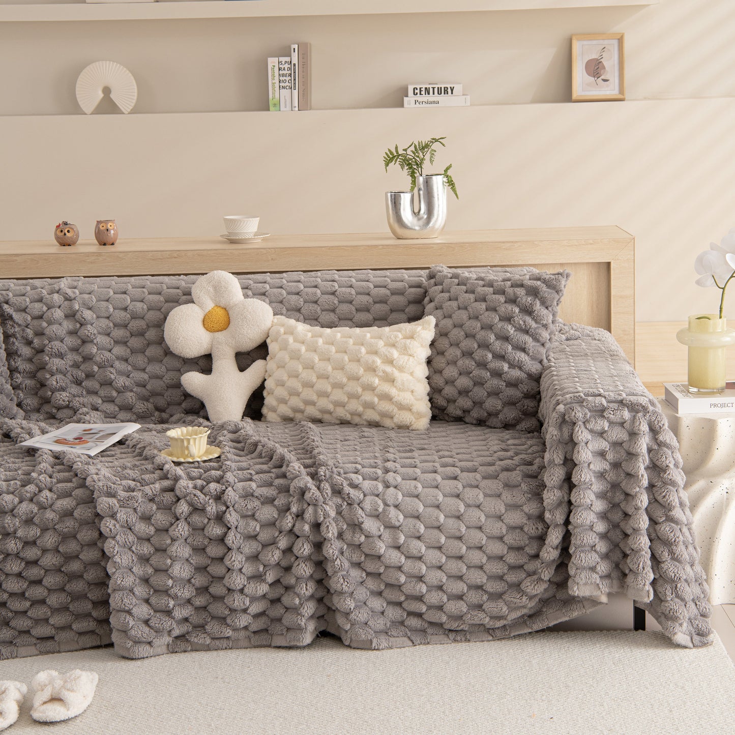 Thick Plush Faux Fur Couch Cover Blanket Warm Fuzzy Blanket Couch Protector for Winter