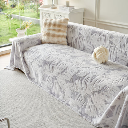 Plush Faux Fur Warm Sofa Cover with Waves Jacquard Textured Throw Blankets for Couch