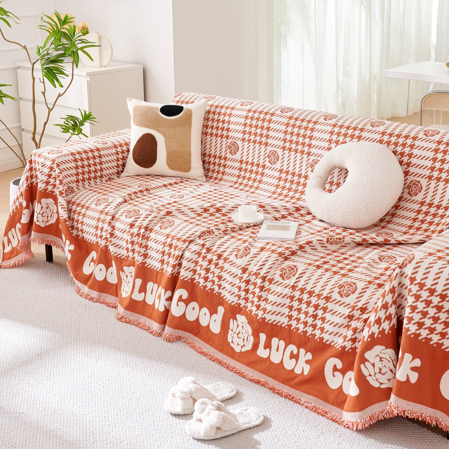 Chenille Houndstooth Sofa Throw Cover, Scratch Proof Cozy Throw Blankets for Couch