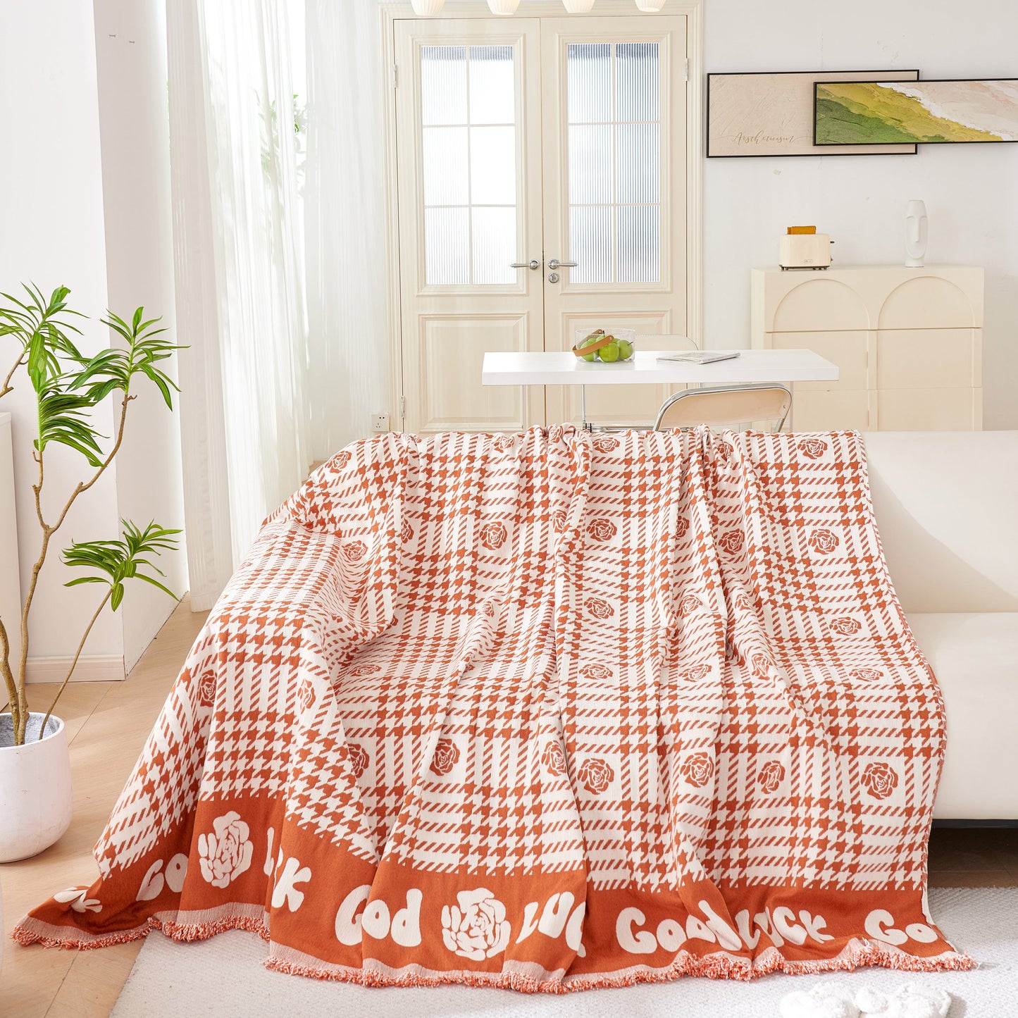 Chenille Houndstooth Sofa Throw Cover, Scratch Proof Cozy Throw Blankets for Couch