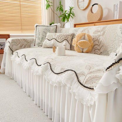 Farmhouse Ruffled Lace Sofa Slipcover Vintage Furniture Protector with Botanical Print