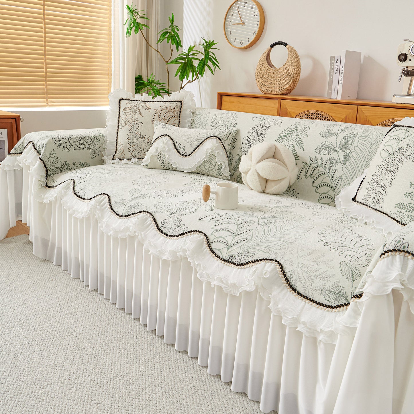Farmhouse Ruffled Lace Sofa Slipcover Vintage Furniture Protector with Botanical Print
