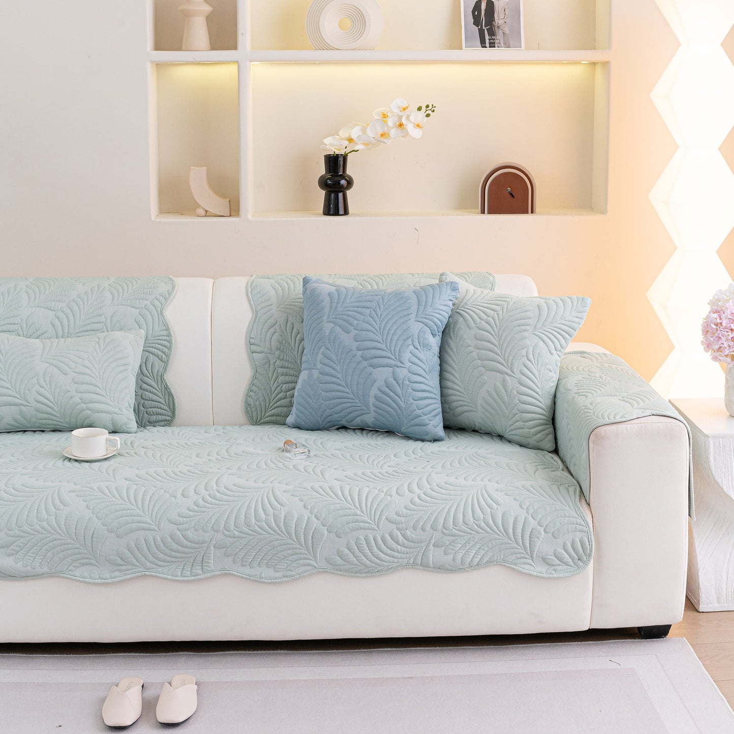 Sofa Cover for Leather & Fabric Couches, 3D Leaf Embossed Quilted Furniture Covers