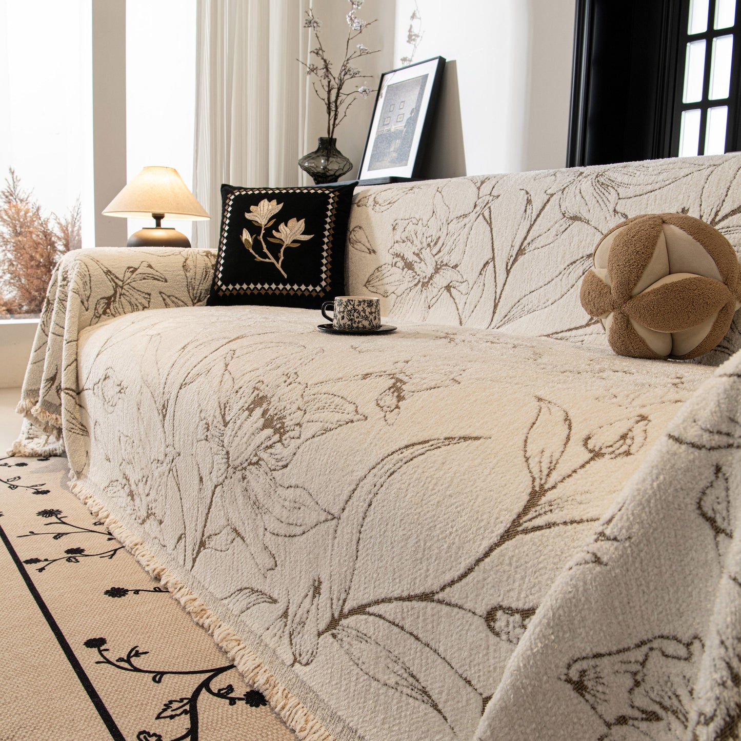 Large Floral Sofa Cover Throw Blanket, Plush Jacquard Non-Shedding Couch Cover for Pets