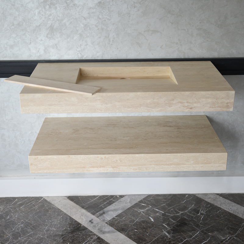 Travertine Natural Stone Handcrafted Bathroom Sink and Matching Floating Shelf Set