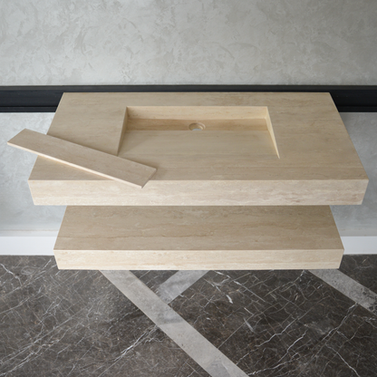 HANDCRAFTED CUSTOM TRAVERTINE SINK AND MATCHING SHELF (TR-095)