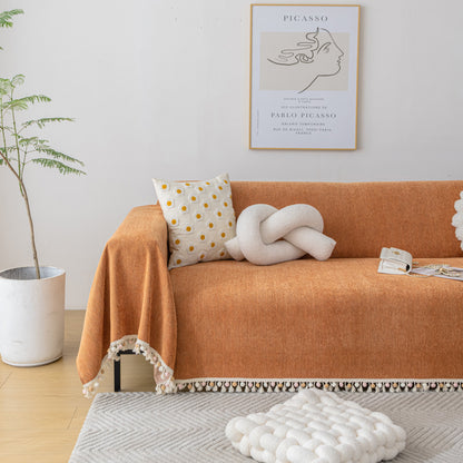 Couch Cover Sectional L Shape Chenille Herringbone Couch Throw Cover with Tassel Pom-Poms for Pets
