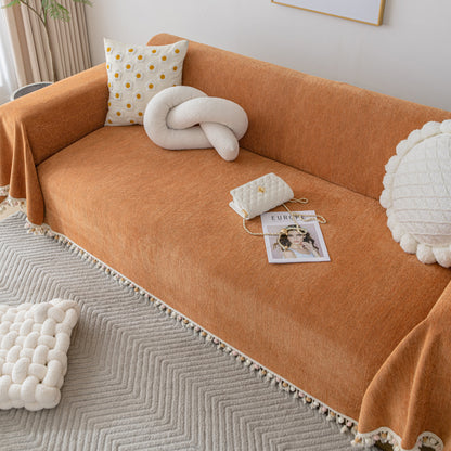 Couch Cover Sectional L Shape Chenille Herringbone Couch Throw Cover with Tassel Pom-Poms for Pets