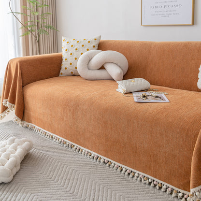 Couch Cover Sectional L Shape Chenille Herringbone Couch Throw Cover with Tassel Pom-Poms for Pets