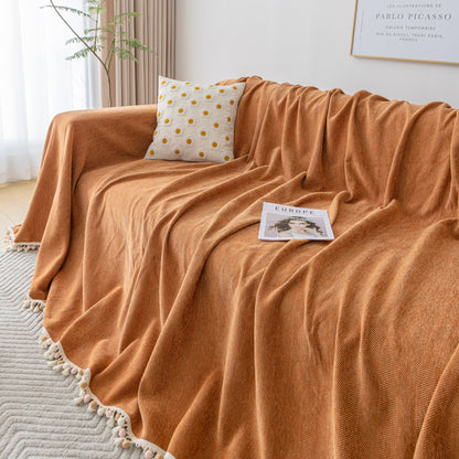Couch Cover Sectional L Shape Chenille Herringbone Couch Throw Cover with Tassel Pom-Poms for Pets