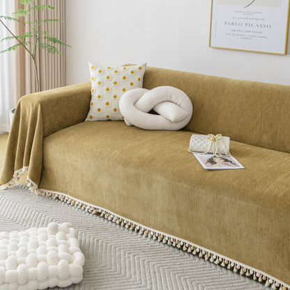 Couch Cover Sectional L Shape Chenille Herringbone Couch Throw Cover with Tassel Pom-Poms for Pets