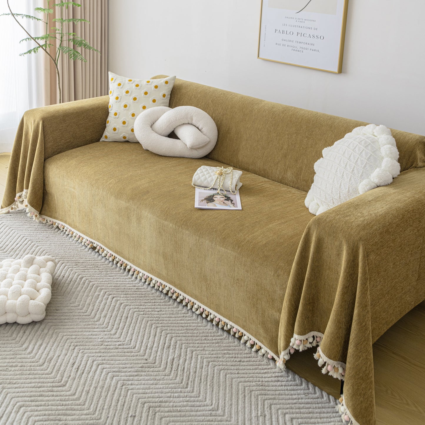 Couch Cover Sectional L Shape Chenille Herringbone Couch Throw Cover with Tassel Pom-Poms for Pets