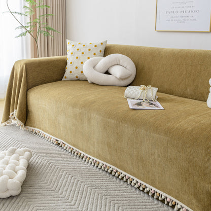 Couch Cover Sectional L Shape Chenille Herringbone Couch Throw Cover with Tassel Pom-Poms for Pets