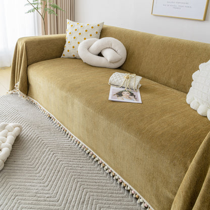 Couch Cover Sectional L Shape Chenille Herringbone Couch Throw Cover with Tassel Pom-Poms for Pets