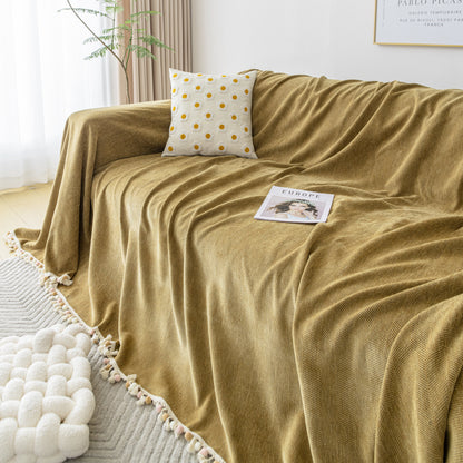 Couch Cover Sectional L Shape Chenille Herringbone Couch Throw Cover with Tassel Pom-Poms for Pets