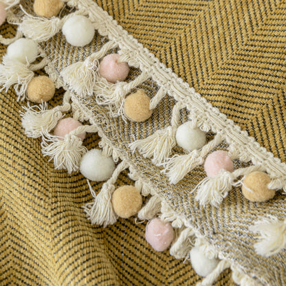 Boho Herringbone Sofa Throw Blanket with Pom Pom Tassels Stylish Furniture Slipcover