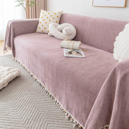 Couch Cover Sectional L Shape Chenille Herringbone Couch Throw Cover with Tassel Pom-Poms for Pets