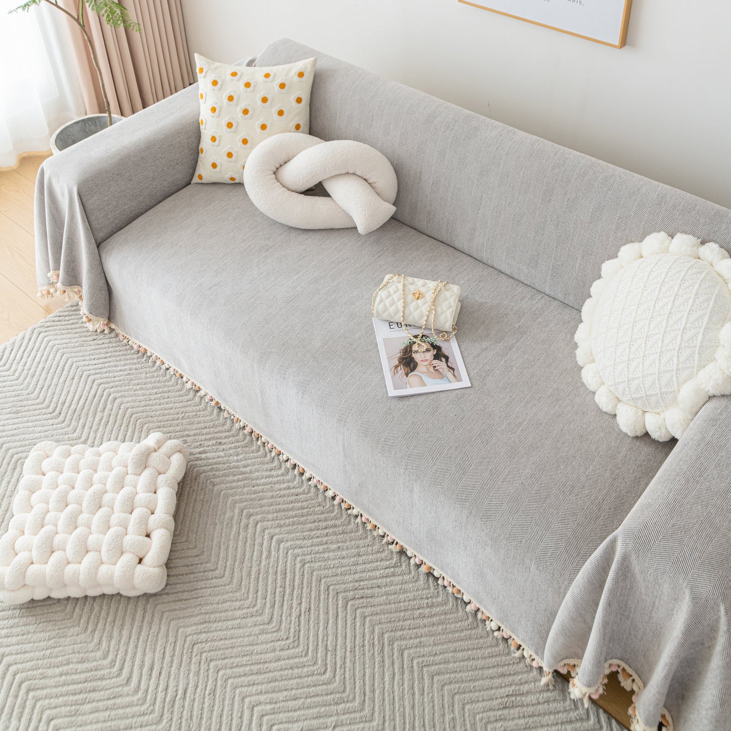 Couch Cover Sectional L Shape Chenille Herringbone Couch Throw Cover with Tassel Pom-Poms for Pets