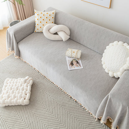 Couch Cover Sectional L Shape Chenille Herringbone Couch Throw Cover with Tassel Pom-Poms for Pets