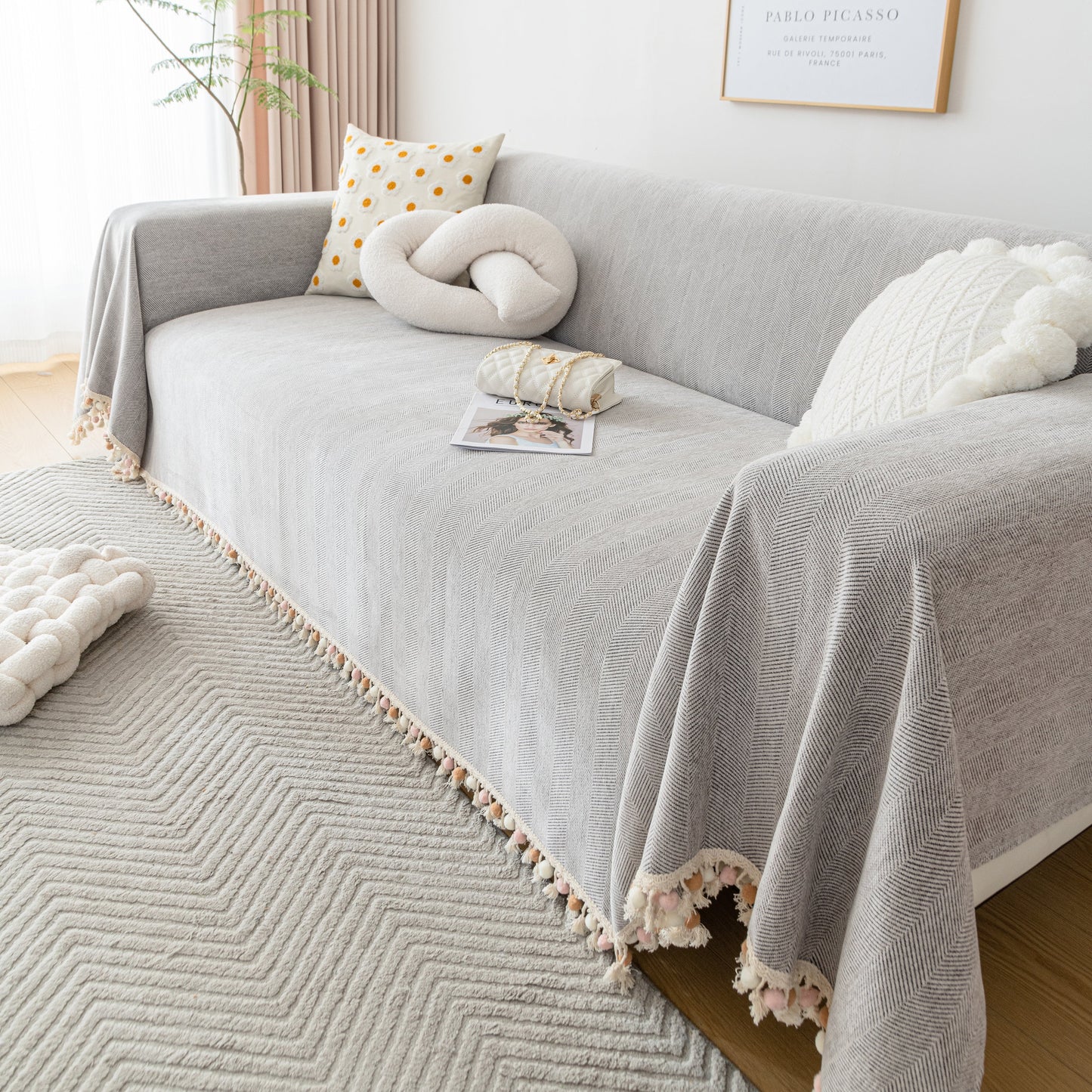 Couch Cover Sectional L Shape Chenille Herringbone Couch Throw Cover with Tassel Pom-Poms for Pets