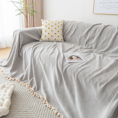 Couch Cover Sectional L Shape Chenille Herringbone Couch Throw Cover with Tassel Pom-Poms for Pets
