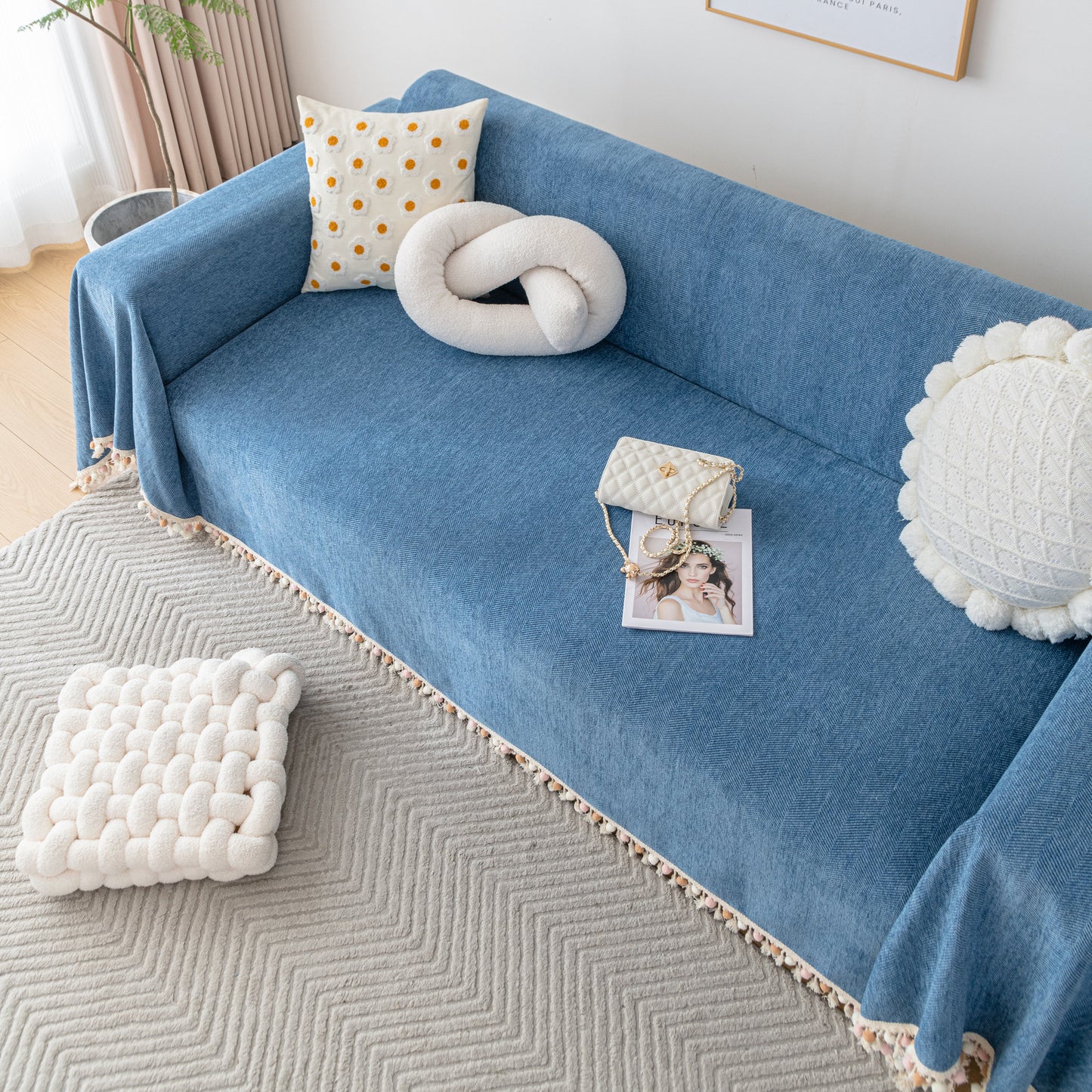 Couch Cover Sectional L Shape Chenille Herringbone Couch Throw Cover with Tassel Pom-Poms for Pets