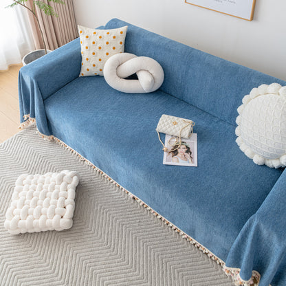 Couch Cover Sectional L Shape Chenille Herringbone Couch Throw Cover with Tassel Pom-Poms for Pets