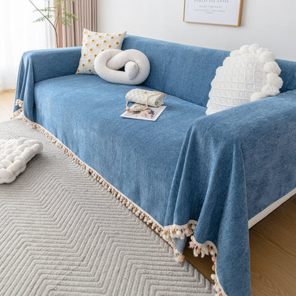 Couch Cover Sectional L Shape Chenille Herringbone Couch Throw Cover with Tassel Pom-Poms for Pets